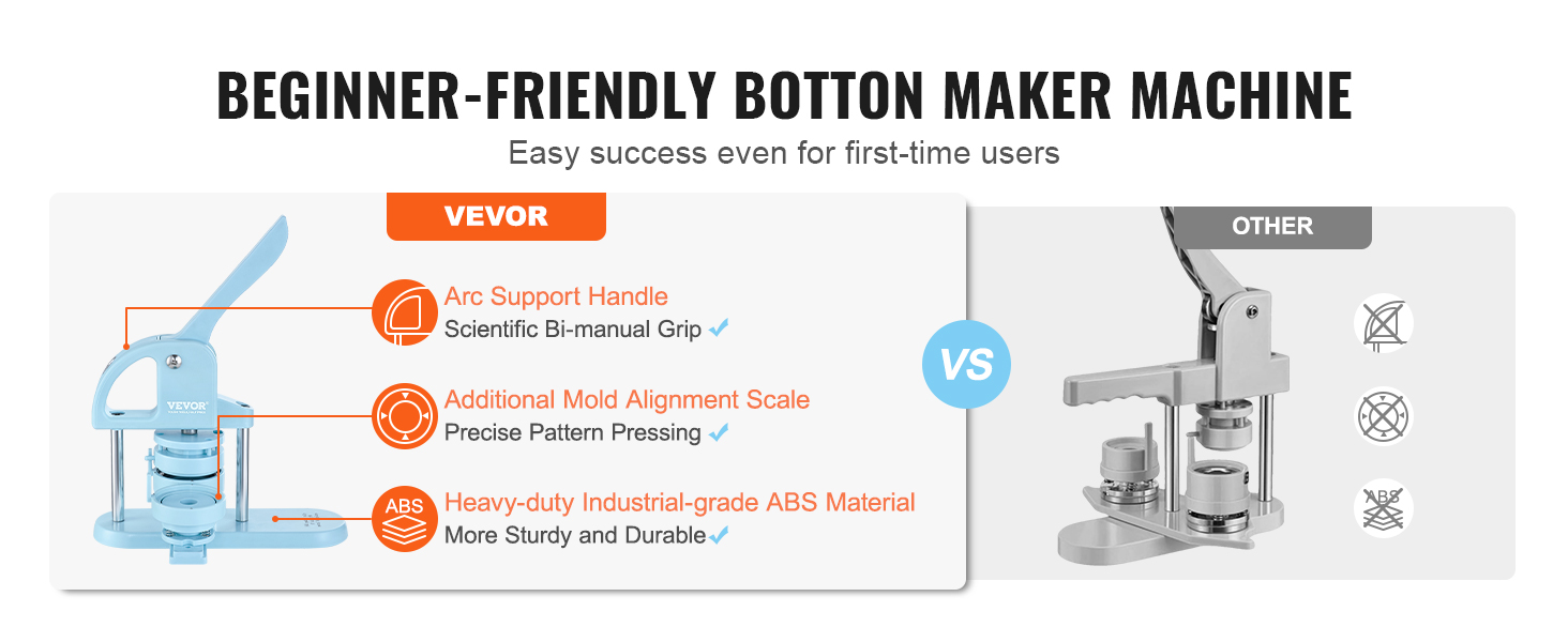 VEVOR button maker machine with arc support handle, mold alignment scale, and abs material vs others.