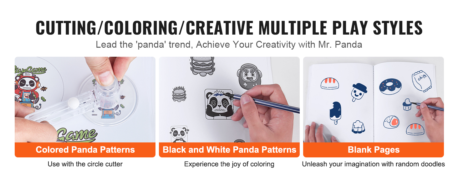 cutting/coloring/creative play styles with colored pandas, black and white panda patterns, blank pages.