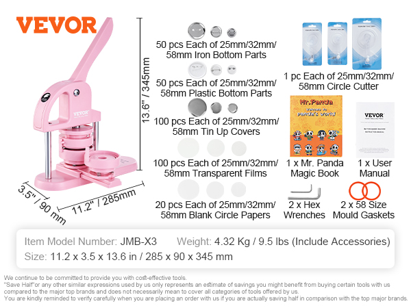 VEVOR button maker, pink, dimensions 285x90x345mm, includes dies, circle cutters, and accessories.
