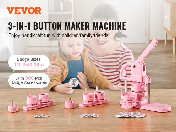 VEVOR button maker for crafts, 3-in-1 machine, with accessories, pink, badge sizes 1/1.25/2.28 inches.