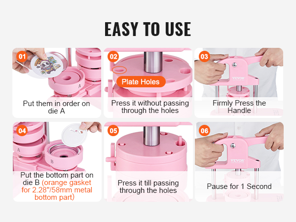 instructions for using the VEVOR button maker, showcasing step-by-step button making process.