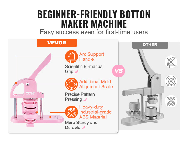 VEVOR button maker with arc support handle, mold alignment scale, and industrial-grade abs material.