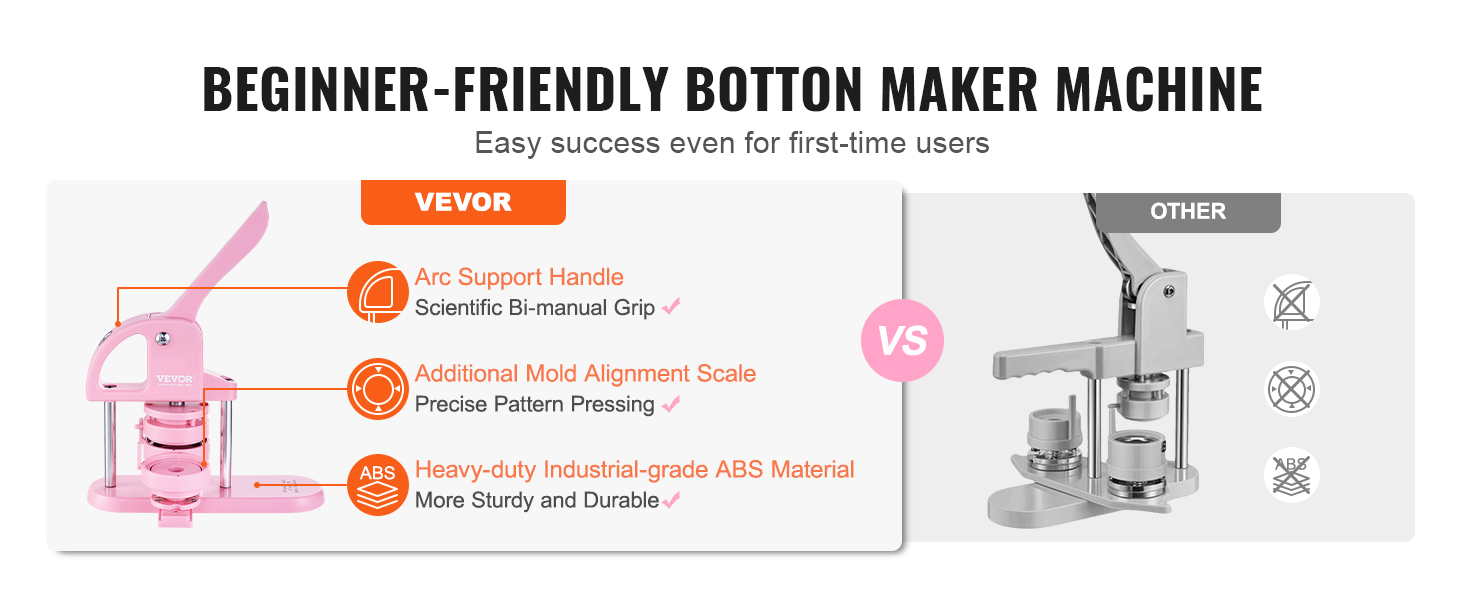 VEVOR button maker with arc support handle, mold alignment scale, and industrial-grade abs material.