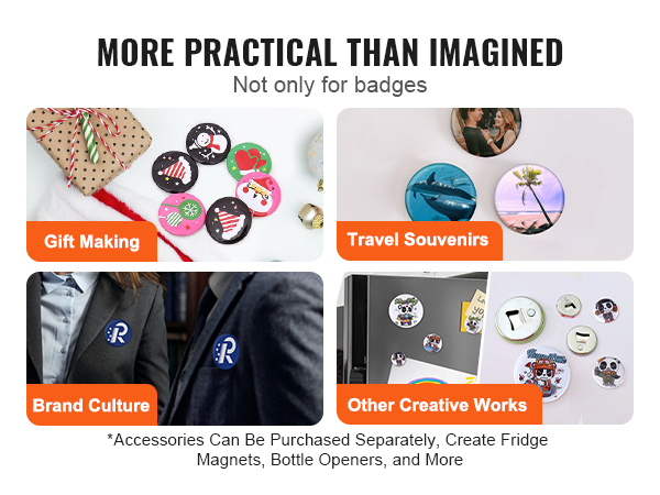 VEVOR button maker uses: gift making, travel souvenirs, brand culture, and other creative works.