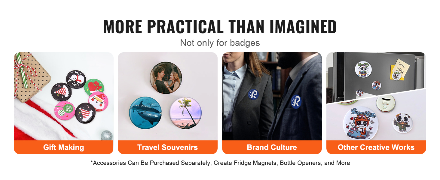 VEVOR button maker uses: gift making, travel souvenirs, brand culture, and other creative works.