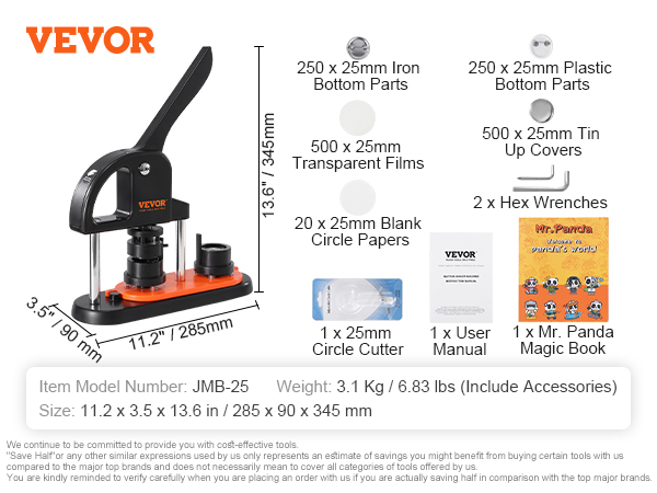 VEVOR button maker jmb-25 with accessories, including button parts, circle papers, and user manual.
