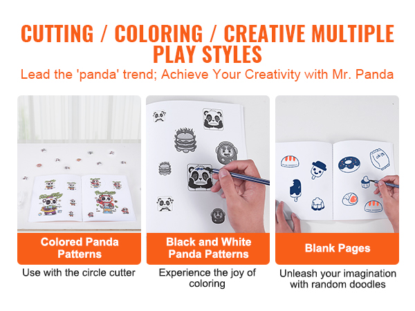 cutting, coloring, and doodling with panda-themed patterns and blank pages for creativity.