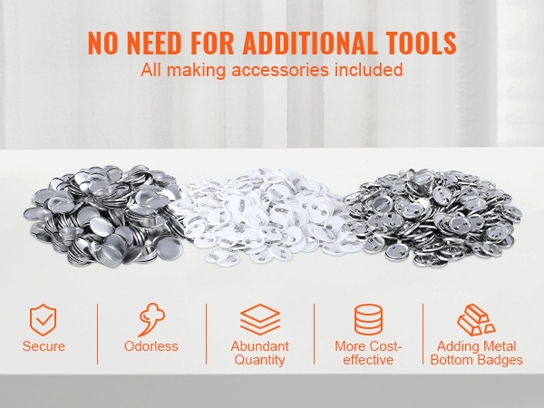 button accessories with "no need for additional tools" above piles of components. VEVOR button maker included.