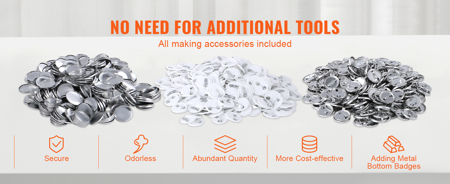 button accessories with "no need for additional tools" above piles of components. VEVOR button maker included.