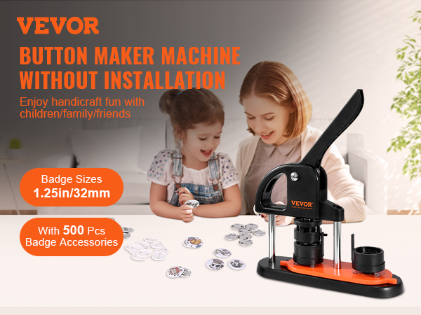 VEVOR button maker machine, 1.25in/32mm, 500 pcs badge accessories, family craft fun.
