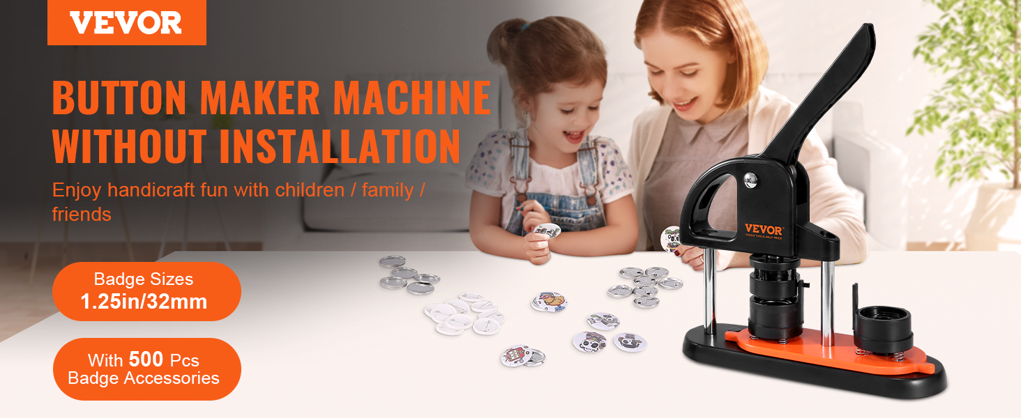 VEVOR button maker machine, 1.25in/32mm, 500 pcs badge accessories, family craft fun.