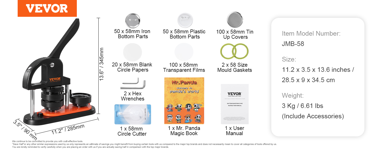 VEVOR button maker machine with accessories including circle cutter, papers, and user manual.