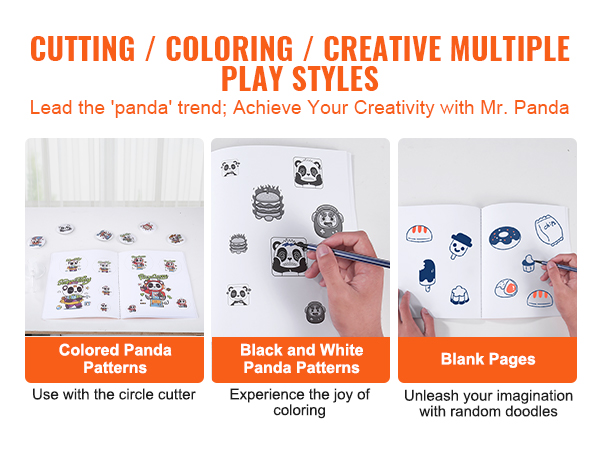 cutting, coloring pages with panda patterns, black and white drawings, and blank pages for doodles.