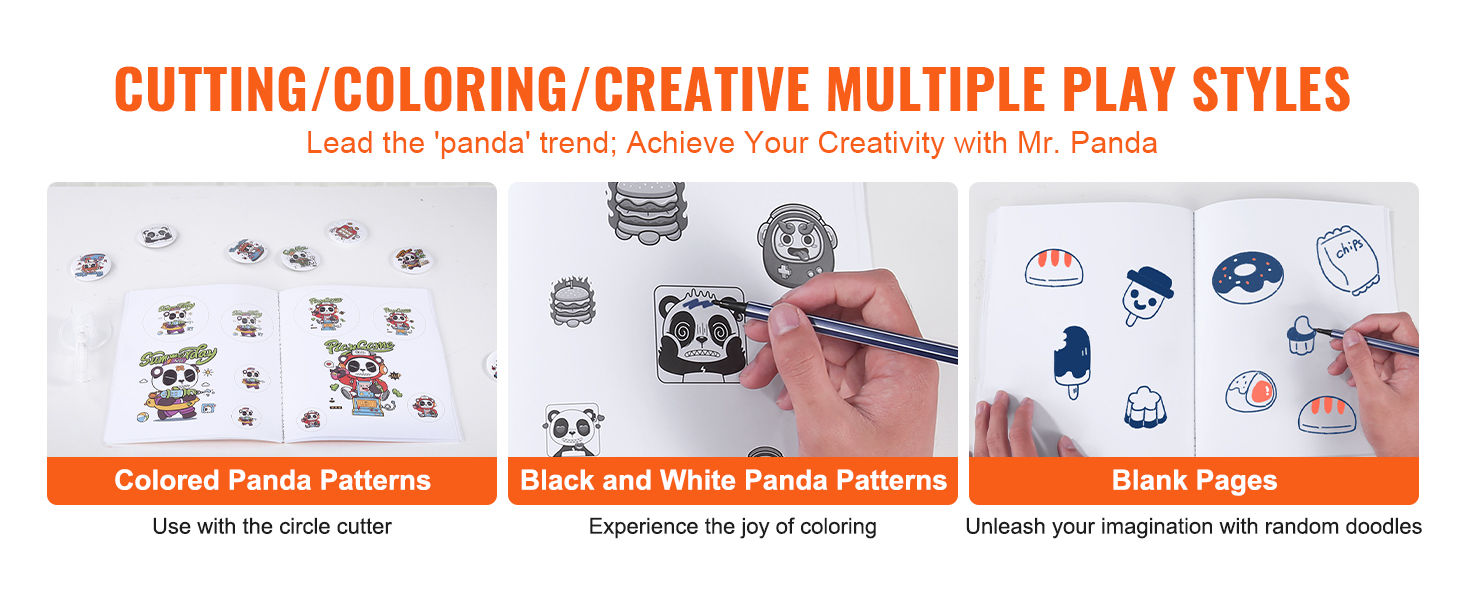 cutting, coloring pages with panda patterns, black and white drawings, and blank pages for doodles.