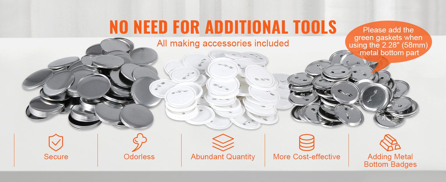 VEVOR button maker machine accessories with metal and plastic button pieces on a white background.