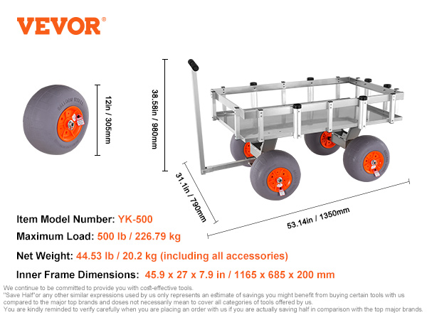 VEVOR beach fishing cart, model yk-500, 500 lb load, 4 beach inflatable wheels, aluminum frame.
