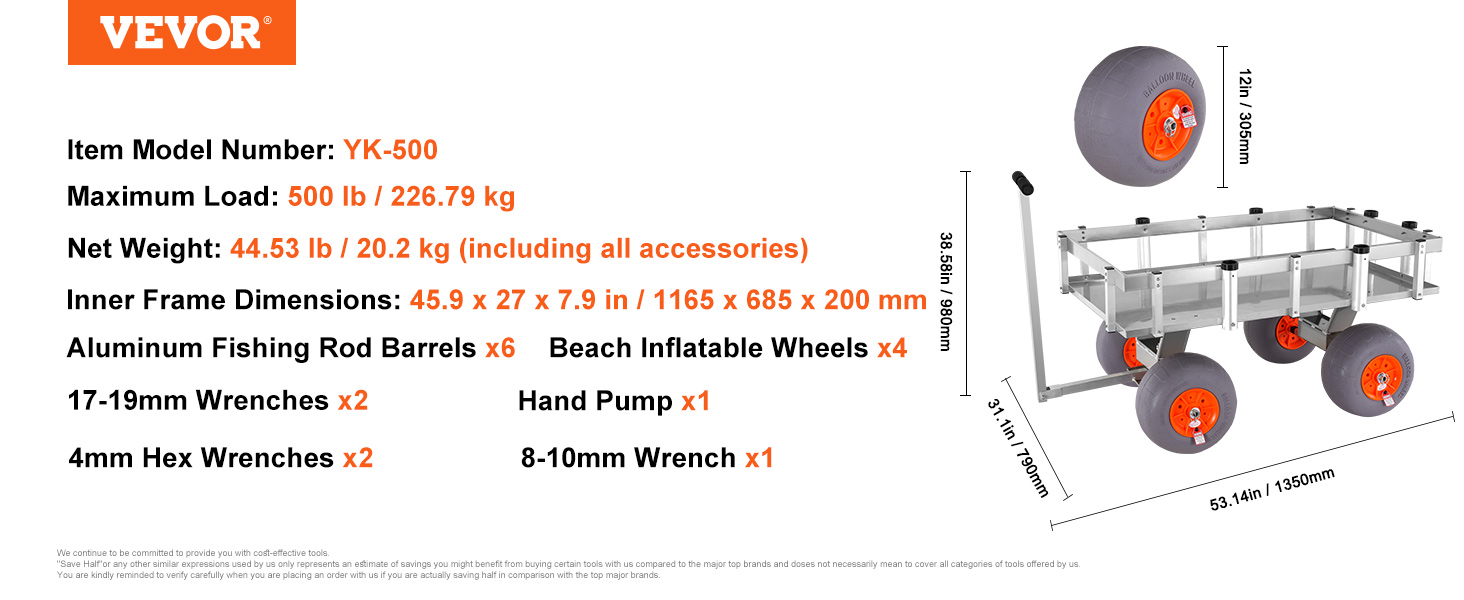 VEVOR beach fishing cart, model yk-500, 500 lb load, 4 beach inflatable wheels, aluminum frame.