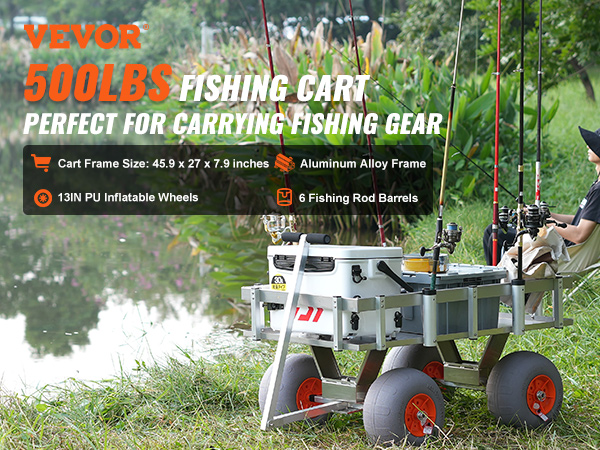 VEVOR beach fishing cart with 500lbs capacity, aluminum alloy frame, and 13in pu inflatable wheels.