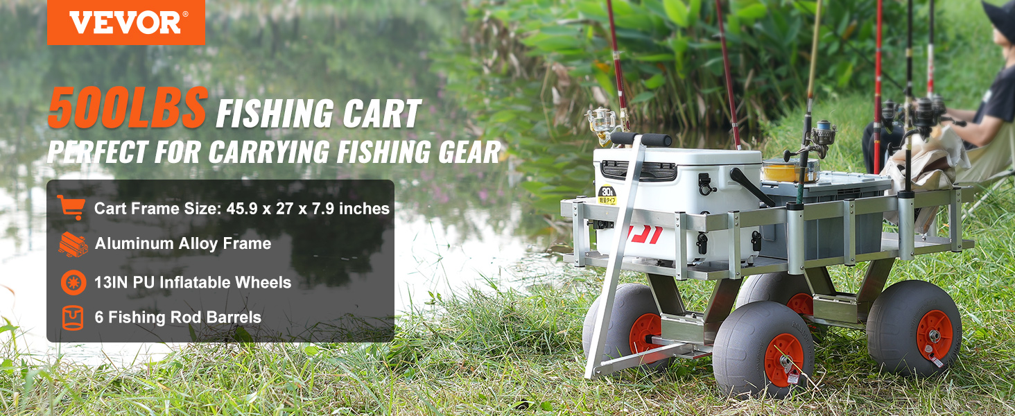 VEVOR beach fishing cart with 500lbs capacity, aluminum alloy frame, and 13in pu inflatable wheels.