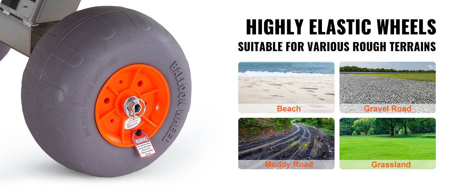 highly elastic wheels of VEVOR beach fishing cart for rough terrains like beach, gravel, mud, and grass.