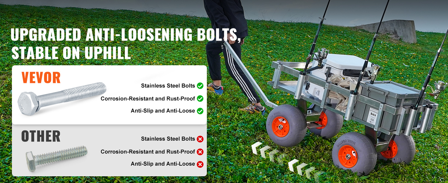 VEVOR beach fishing cart with upgraded anti-loosening bolts for stability on uphill terrain.