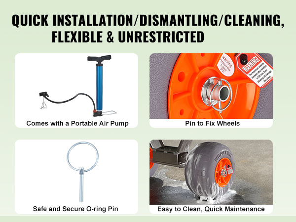 quick installation, portable air pump, pin to fix wheels, secure o-ring pin, easy cleaning for VEVOR beach fishing cart.
