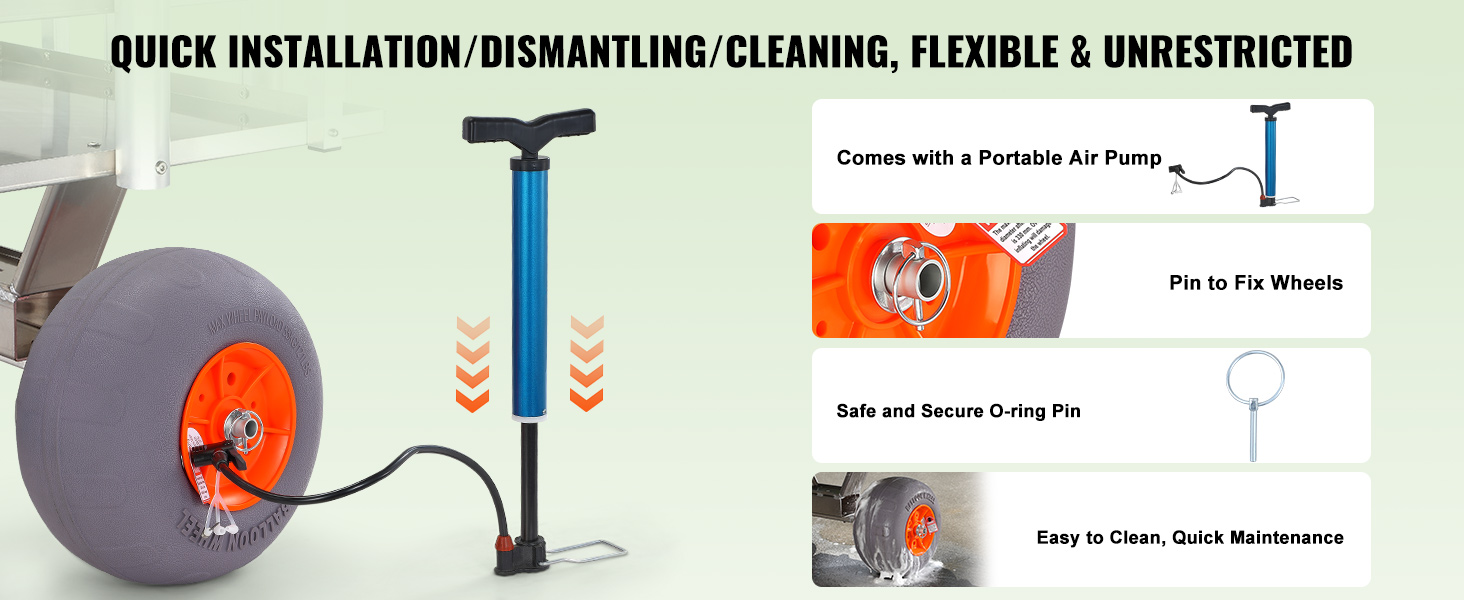 quick installation, portable air pump, pin to fix wheels, secure o-ring pin, easy cleaning for VEVOR beach fishing cart.