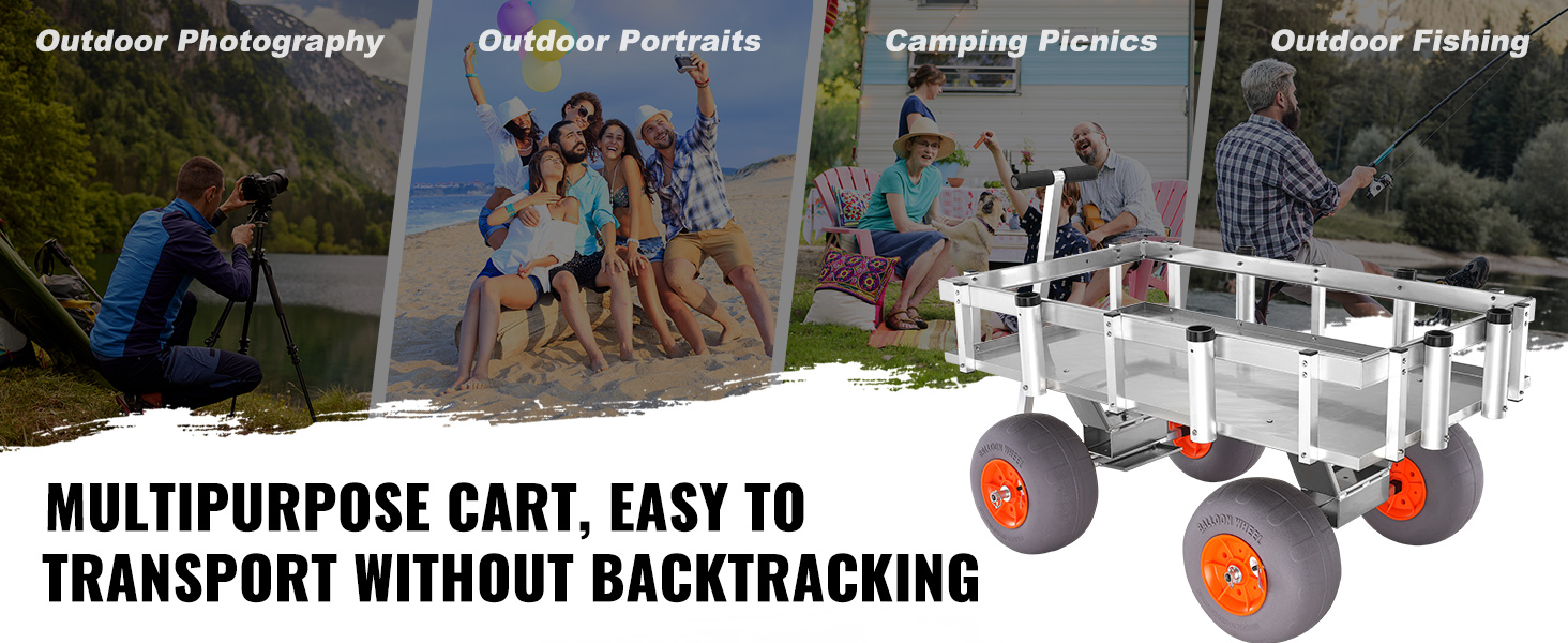 multipurpose VEVOR beach fishing cart for outdoor photography, camping picnics, and fishing trips.