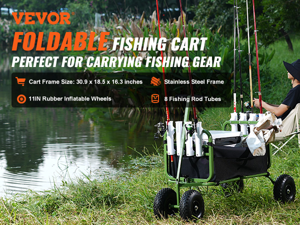 VEVOR beach fishing cart with inflatable wheels, rod holders, and stainless steel frame by a lakeside.