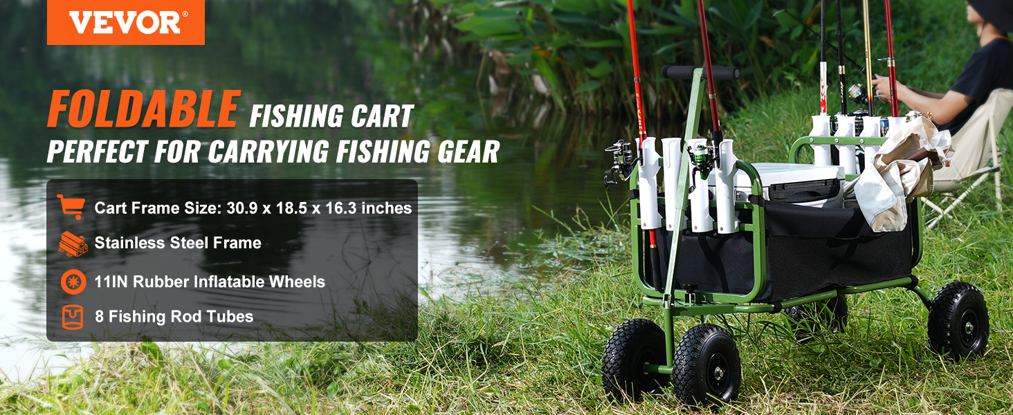 VEVOR beach fishing cart with inflatable wheels, rod holders, and stainless steel frame by a lakeside.
