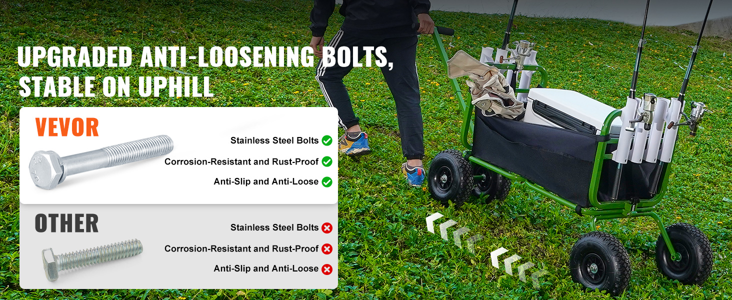 VEVOR beach fishing cart with anti-loosening bolts, stable on uphill, corrosion-resistant and rust-proof.