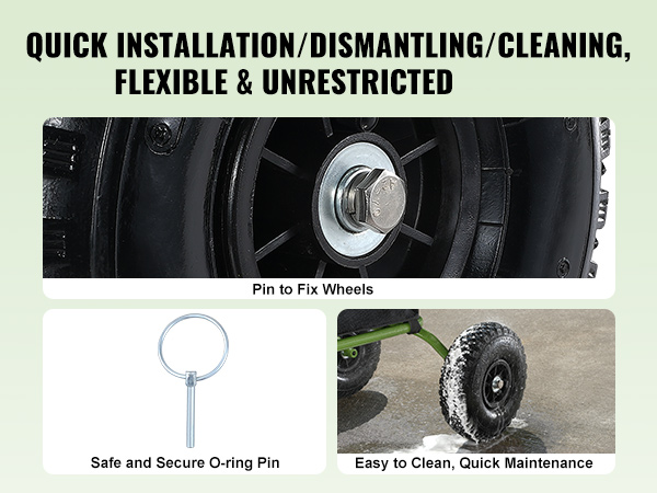 quick installation, safe o-ring pin, easy cleaning and maintenance for VEVOR beach fishing cart.