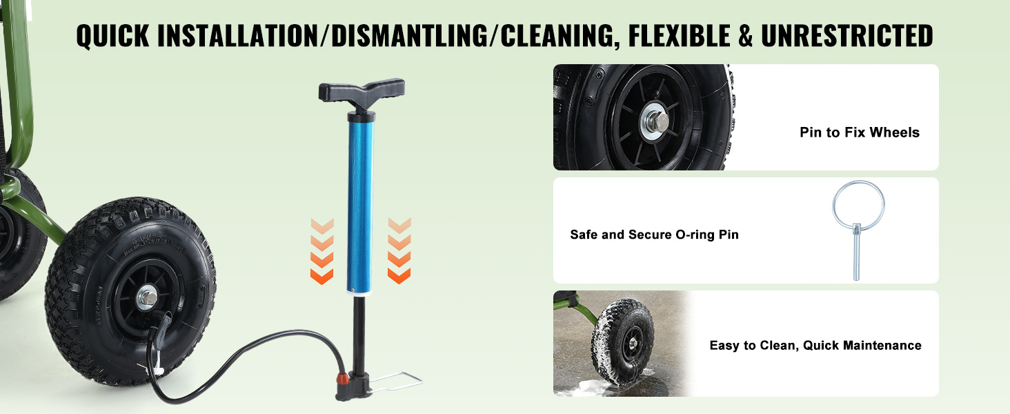 quick installation, safe o-ring pin, easy cleaning and maintenance for VEVOR beach fishing cart.