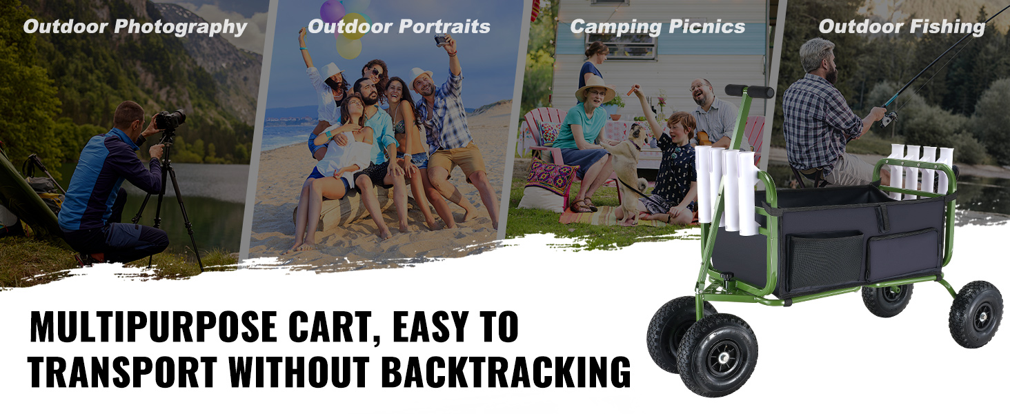 VEVOR beach fishing cart showcased for outdoor photography, portraits, camping, and fishing activities.