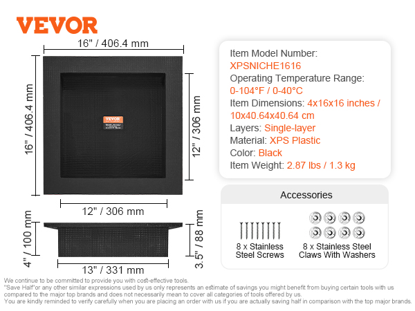 VEVOR shower niche details: black, 4x16x16 inches, xps plastic, includes 8 stainless steel screws and claws.