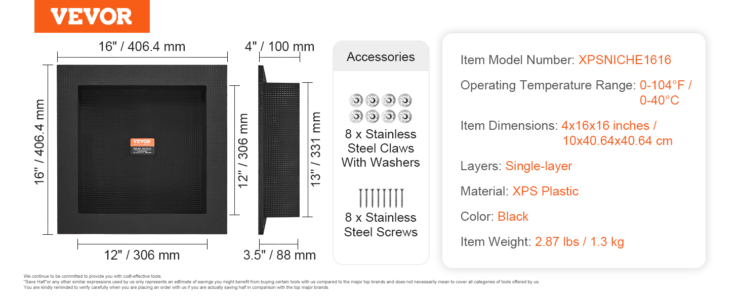 VEVOR shower niche details: black, 4x16x16 inches, xps plastic, includes 8 stainless steel screws and claws.