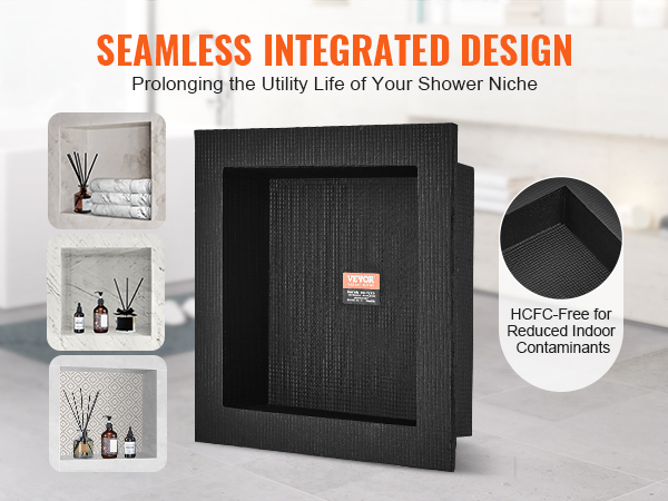 VEVOR shower niche with seamless integrated design, showcasing shower niches with bottles and towels.