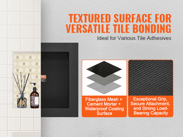 VEVOR shower niche with textured surface for versatile tile bonding and secure attachment.