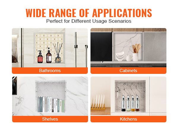VEVOR shower niche applications: bathrooms, cabinets, shelves, kitchens. perfect for diverse uses.