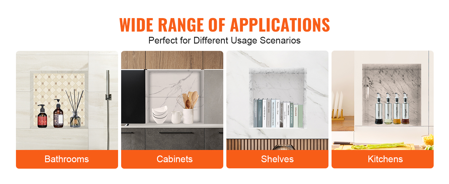 VEVOR shower niche applications: bathrooms, cabinets, shelves, kitchens. perfect for diverse uses.