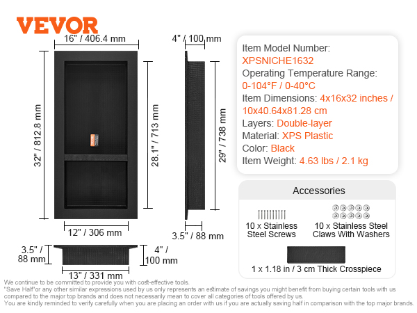 VEVOR shower niche, black xps plastic, double-layer, 16x32 inches, accessories included.