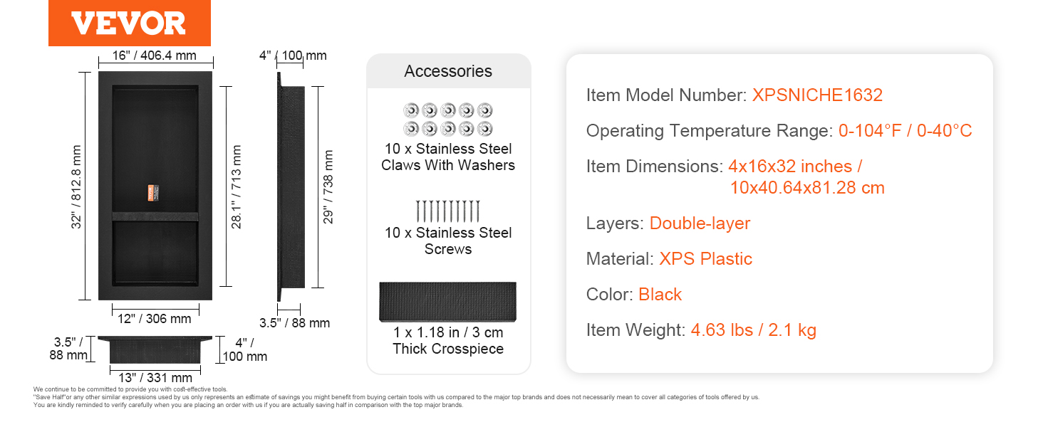 VEVOR shower niche, black xps plastic, double-layer, 16x32 inches, accessories included.