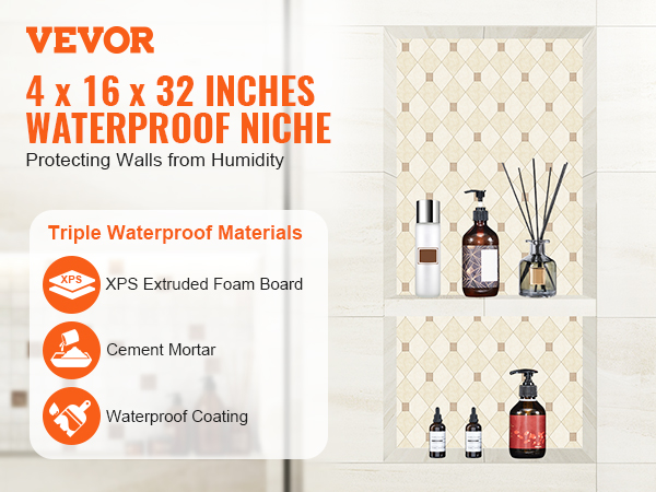 VEVOR shower niche 4"x16"x32" with triple waterproof materials and stylish wall design.