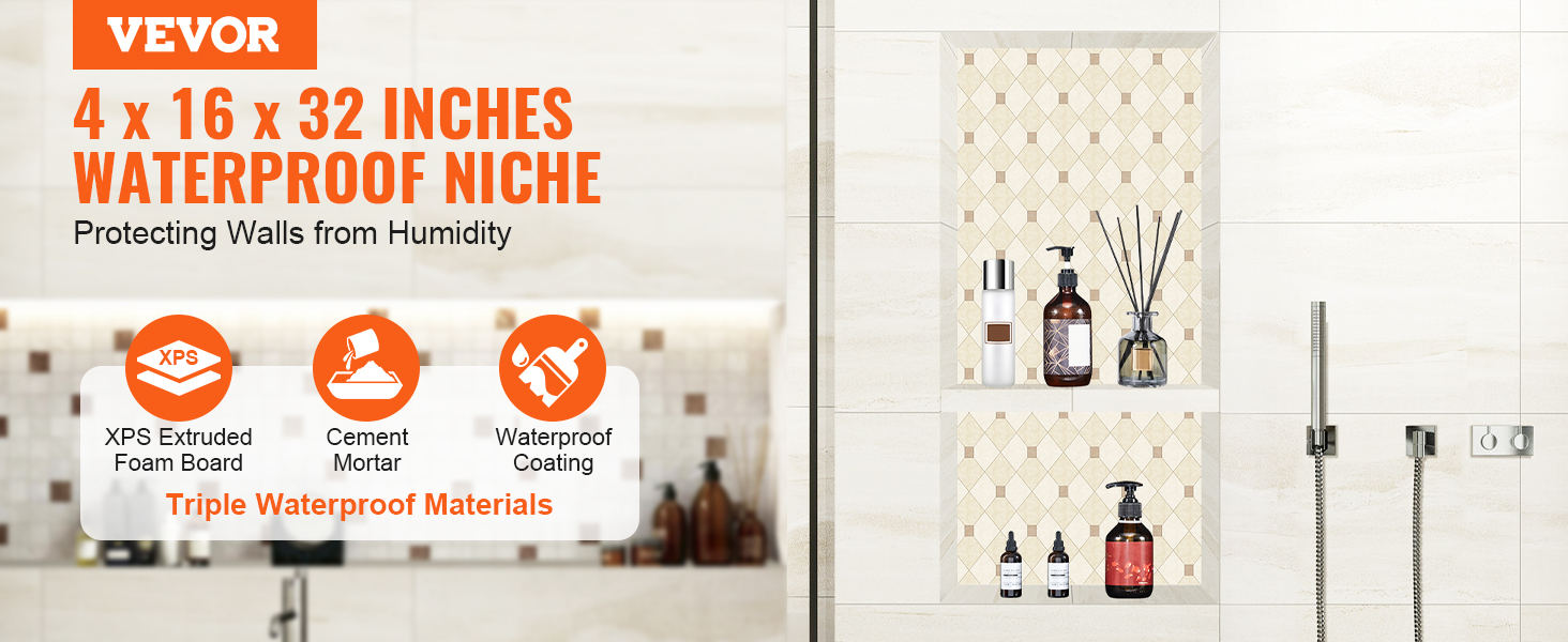 VEVOR shower niche 4"x16"x32" with triple waterproof materials and stylish wall design.
