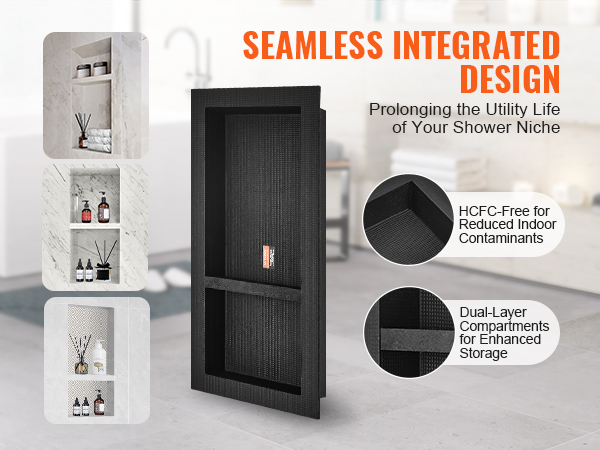 seamless integrated design prolonging utility life of VEVOR shower niche with hcfc-free dual-layer storage.
