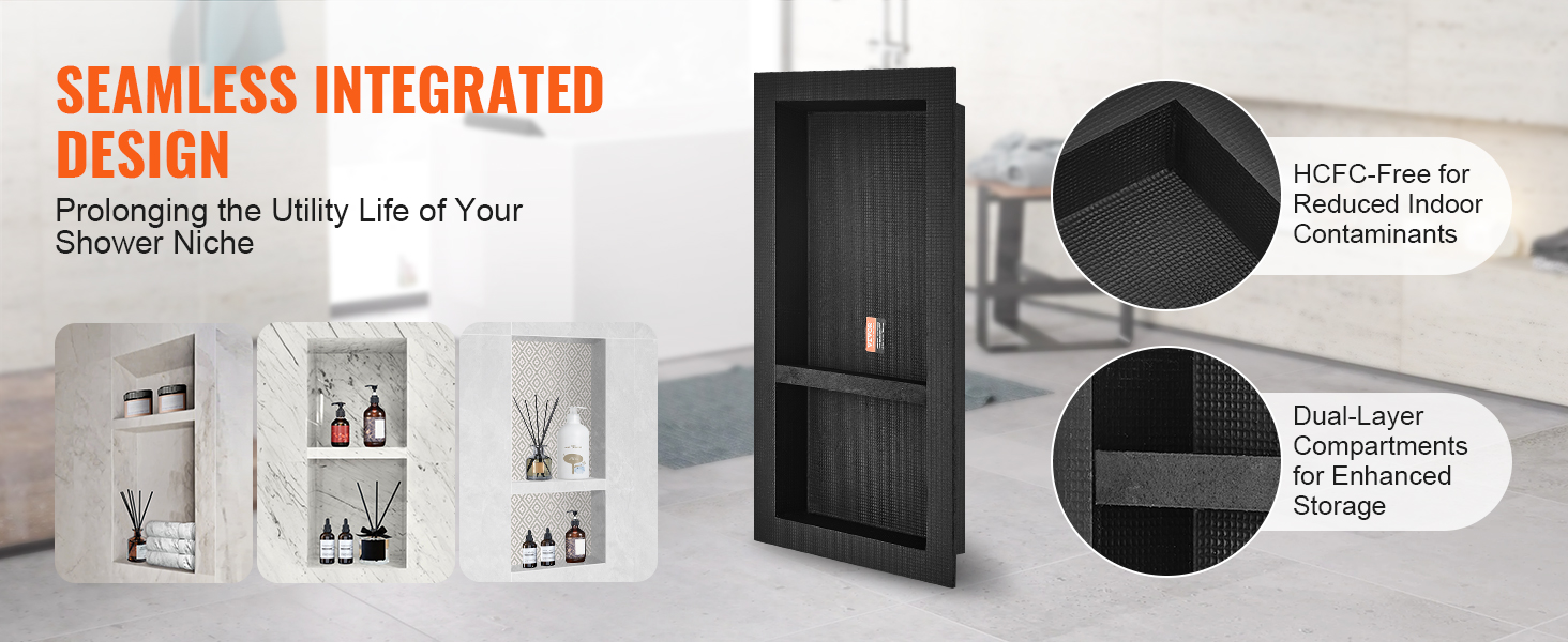 seamless integrated design prolonging utility life of VEVOR shower niche with hcfc-free dual-layer storage.