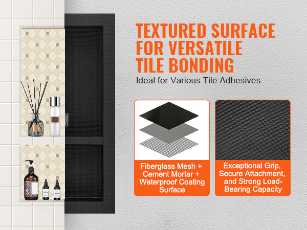 VEVOR shower niche with beige tiles and assorted toiletries, promoting textured tile bonding.