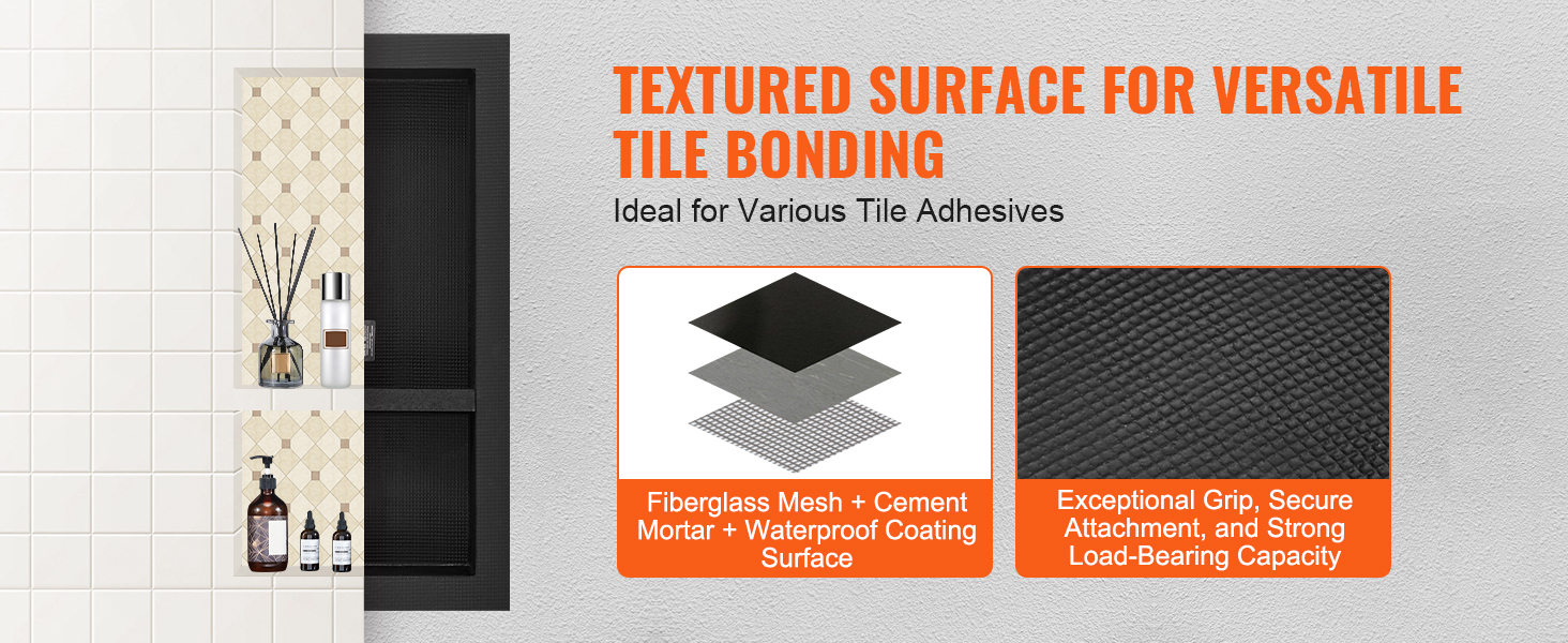 VEVOR shower niche with beige tiles and assorted toiletries, promoting textured tile bonding.