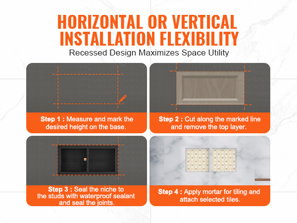 horizontal or vertical installation steps for VEVOR shower niche with waterproof sealant and tiling.