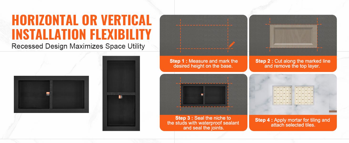 horizontal or vertical installation steps for VEVOR shower niche with waterproof sealant and tiling.